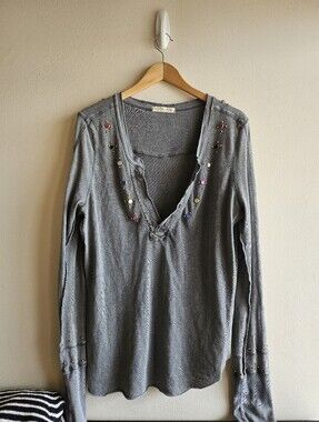Free People Wild Ride Henley top in gray with colorful studded gems